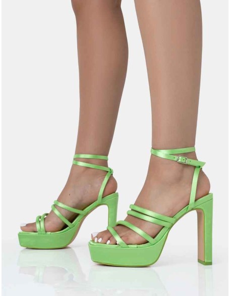 Viola Lime Satin Strappy Square Toe Platform Flat Block Heels