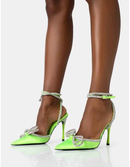 Midnight Neon Lime Satin Wrap Around Bow Pointed Toe Court Heels