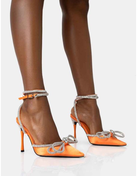 Midnight Neon Orange Satin Wrap Around Bow Pointed Toe Court Heels