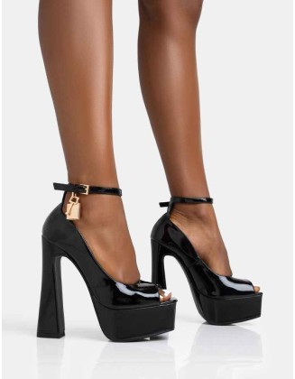 Formation Black Patent Padlock Detail Chunky Square Peep Toe Platform Heels