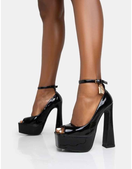 Formation Black Patent Padlock Detail Chunky Square Peep Toe Platform Heels