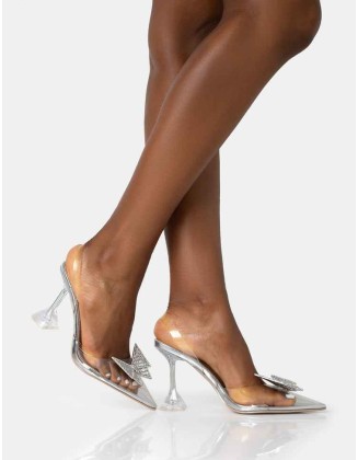 Stormi Silver Metallic Butterfly Diamante Slingback Court Stiletto Heels