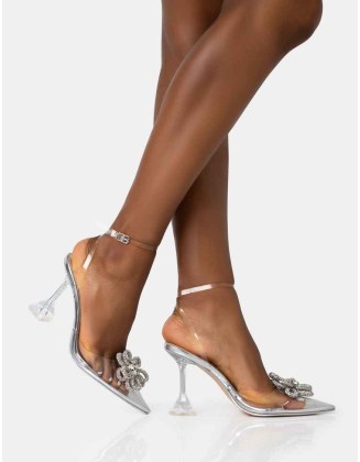 Vibez Silver Mirror Metallic Diamante Flower Broach Strappy Perspex Cake Stand Pointed Toe Heels
