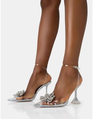 Vibez Silver Mirror Metallic Diamante Flower Broach Strappy Perspex Cake Stand Pointed Toe Heels
