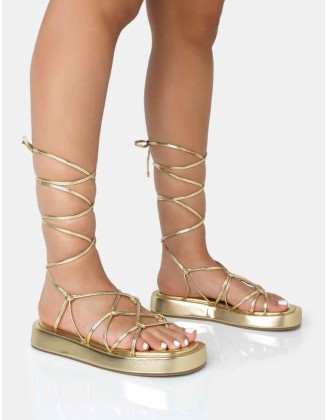 Babygirl Gold Flatform Lace Up Sandals