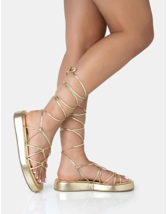 Babygirl Gold Flatform Lace Up Sandals